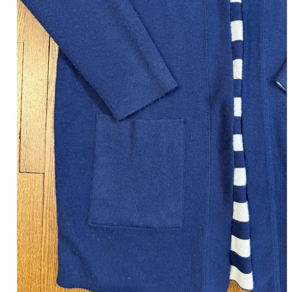 Reversible Navy White Striped Hooded Cardigan Open Front Duster Sweater Womens - Picture 5 of 9